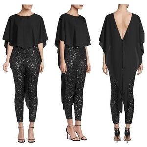 BCBGMaxazria black cape gunmetal sequin jumpsuit XXS NN26